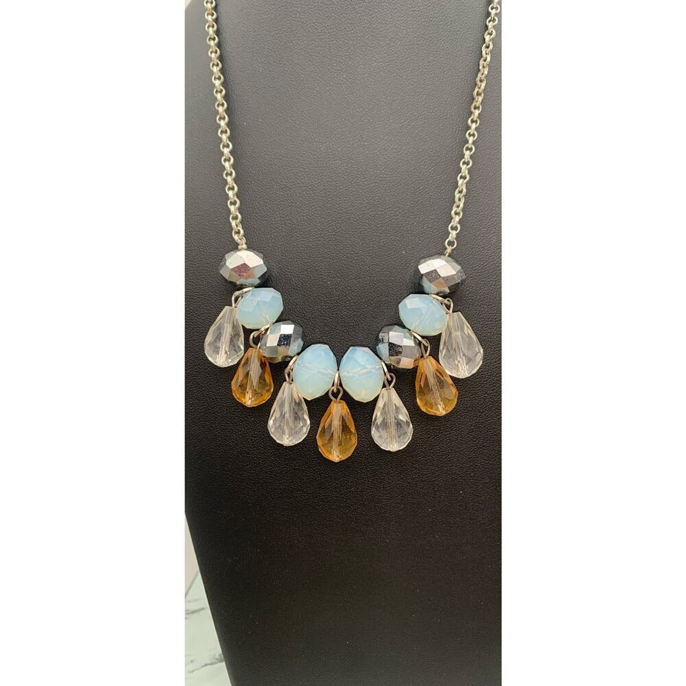 Liz Clairborne Blue Amber & Clear Faceted Glass beaded Teardrop Necklace LC - Picture 2 of 5